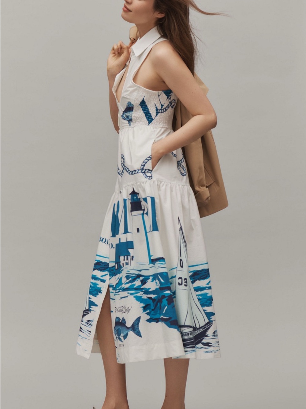 Maeve White Midi Dress with Blue Nautical Print - Picture 3 of 3